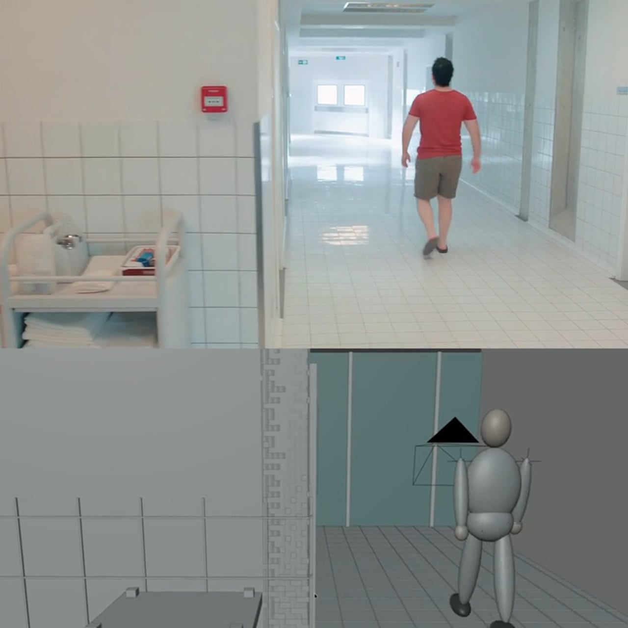 Uomo con maglia rossa in un corridoio ospedaliero e render 3D, fotogramma di Untitled, 2026